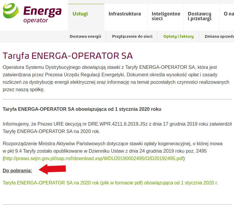 Taryfa ENERGA-OPERATOR SA na 2020 rok (plik w formacie pdf) obowi�zuj�ca od 1 stycznia 2020 r.